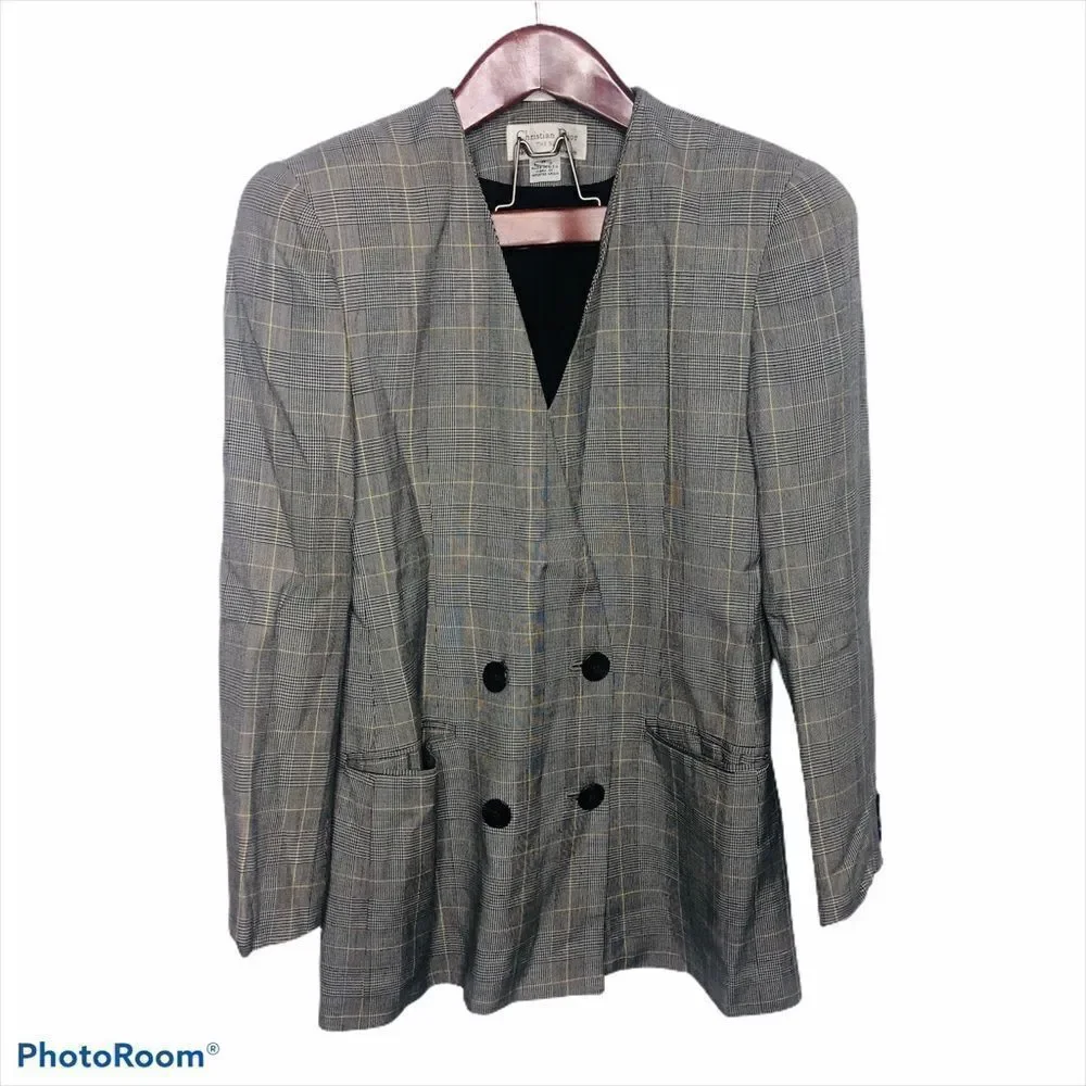 Christian Dior Vintage Plaid Check Button Blazer 8 Retro Double Structured Black